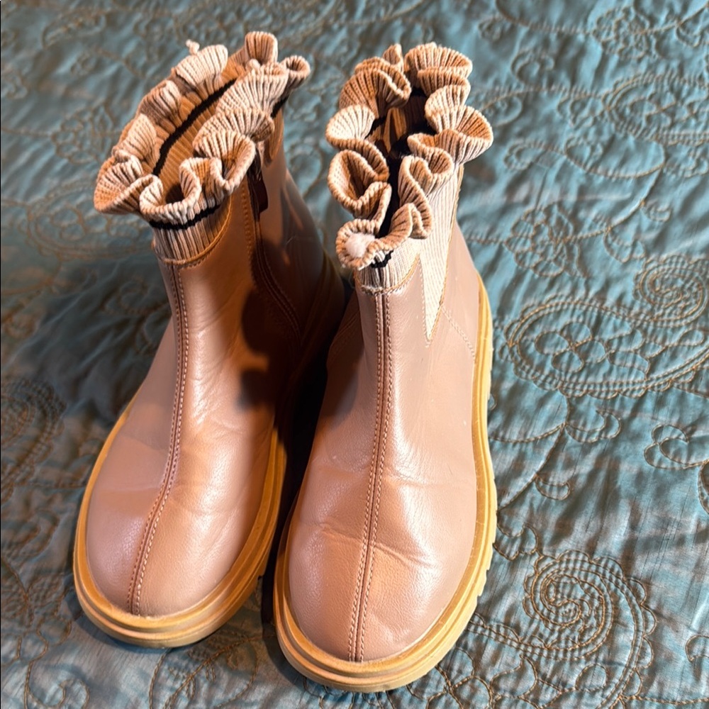 Ruffled Tan Ankle Boots